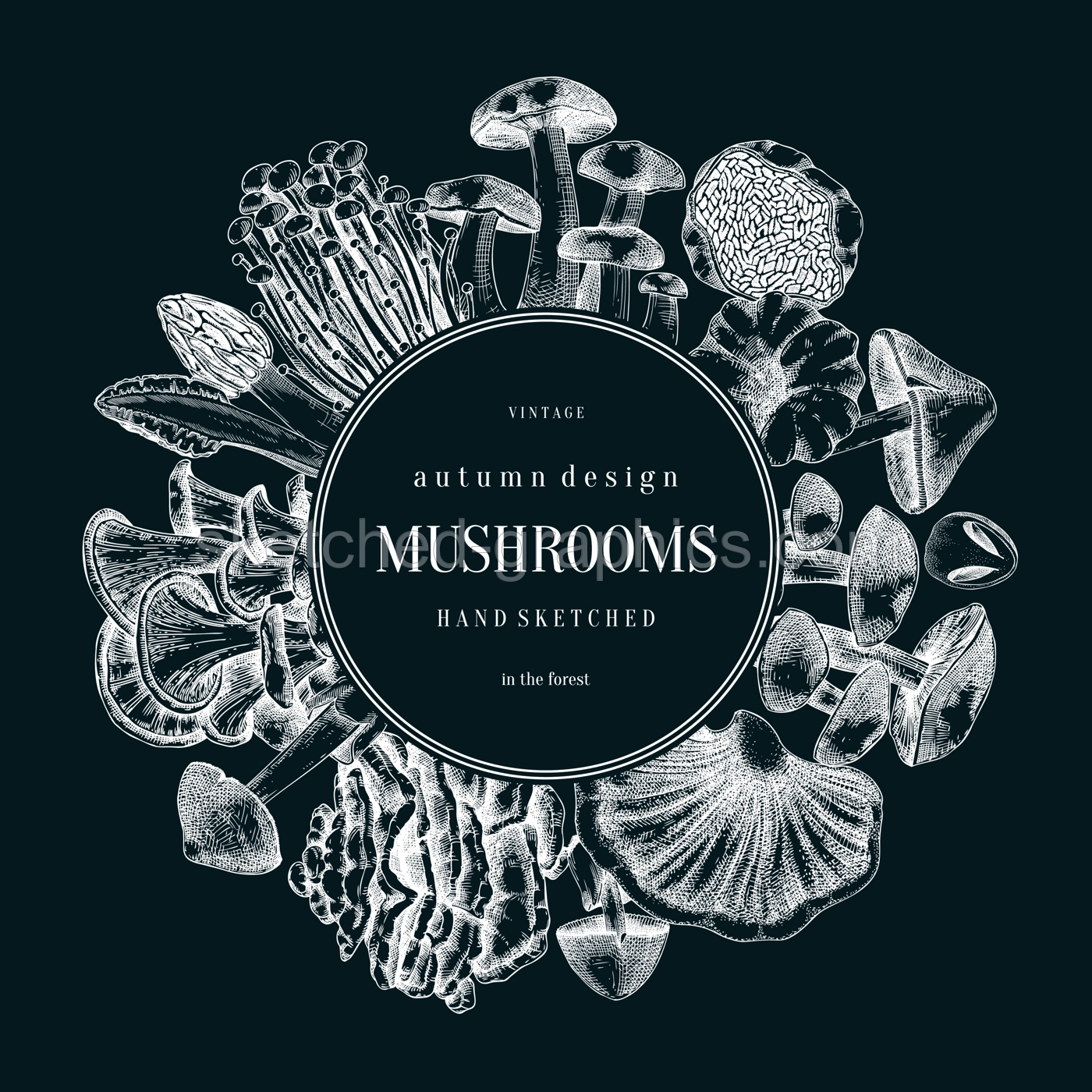 Forest mushrooms wreath on chalkboard. Edible mushrooms frame, vintage card design. Fungi, healthy food, vegan product sketches. Autumn hand-drawn vector illustration. Engraved design template Illustration